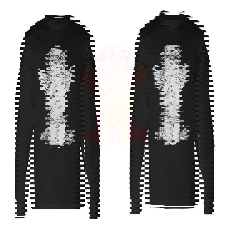 天使の羽を持つ膝の上の美的天使を祈る 長袖Tシャツ