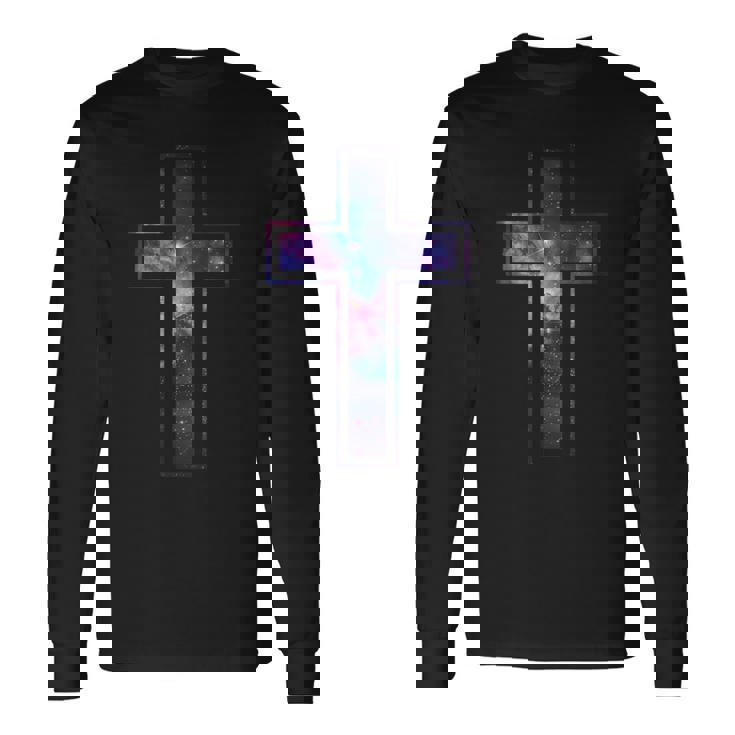 天空のシルエット信仰星銀河クリスチャンクロス 長袖Tシャツ