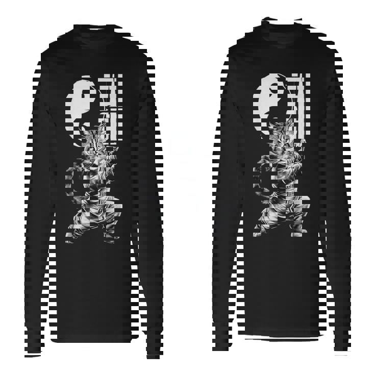 太極拳武術の陰陽を演じるかわいい猫 長袖Tシャツ