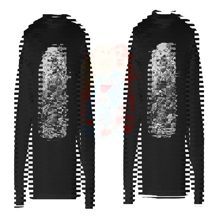 妖怪猫 着物美桜風 長袖Tシャツ