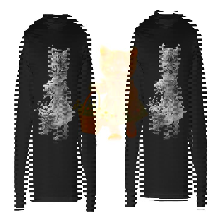 子猫、茶トラ、かわいい、おもしろい、癒し、花かご、ワンピース、可愛い、花束 長袖Tシャツ