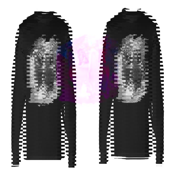 宇宙で虹色のラマに乗る子猫 長袖Tシャツ ギフトのアイデア