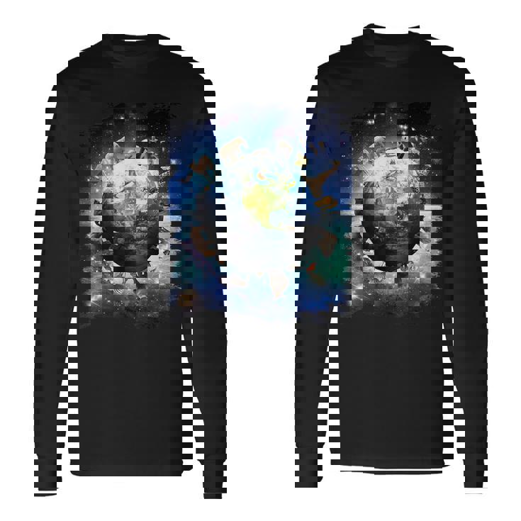宇宙地球動物グループシーン 長袖Tシャツ