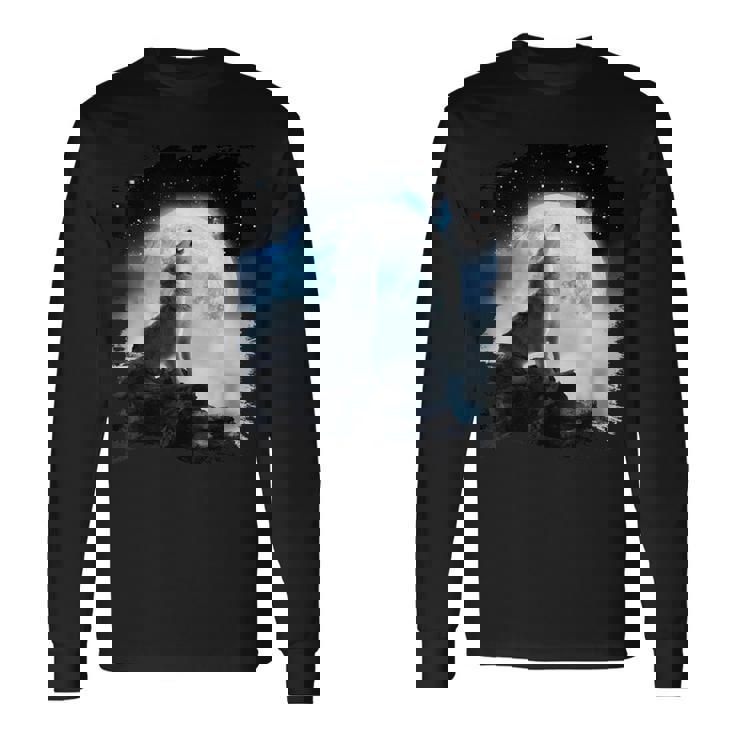 宇宙空間 オオカミ 月に遠吠えするオオカミ 長袖Tシャツ