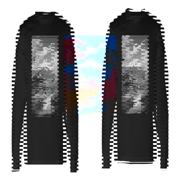 寺と富士山のある日本の風景 長袖Tシャツ