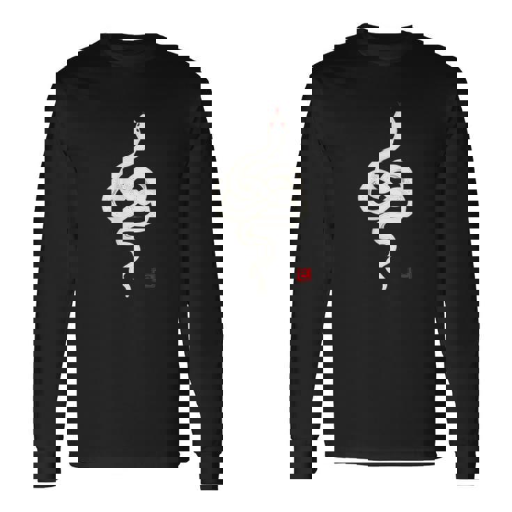 巳年 シンプルな白蛇デザイン 幸運を願うお守り 長袖Tシャツ