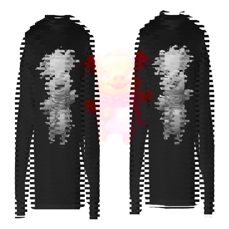 帽子とスカーフを着た豚のクリスマスプレゼント 長袖Tシャツ ギフトのアイデア