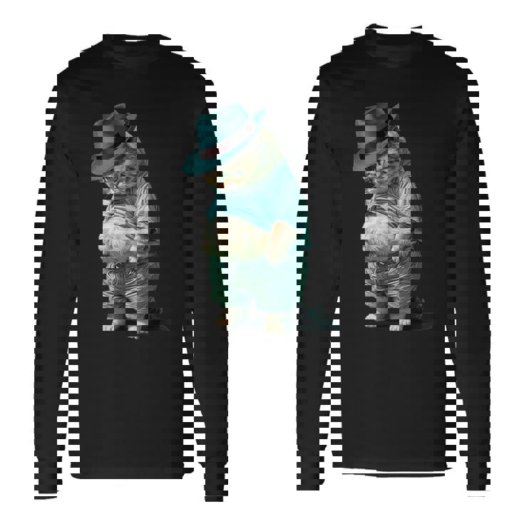 帽子をかぶった面白い太った猫 Ia アート デザイン太った子猫猫愛好家 長袖Tシャツ