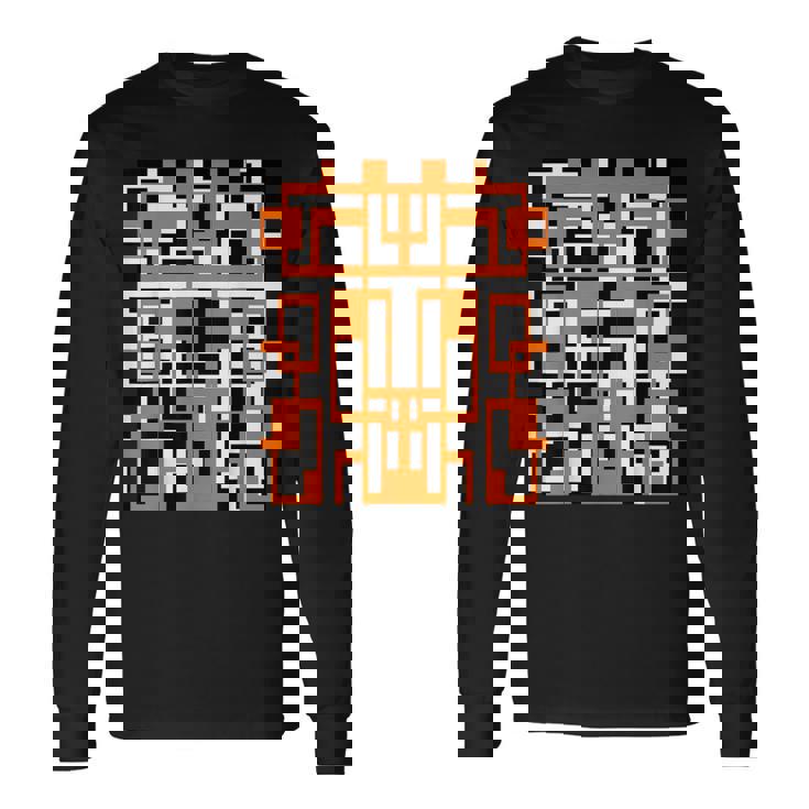 幾何学的図形 パターン オレンジ 白 黒 背景 長袖Tシャツ