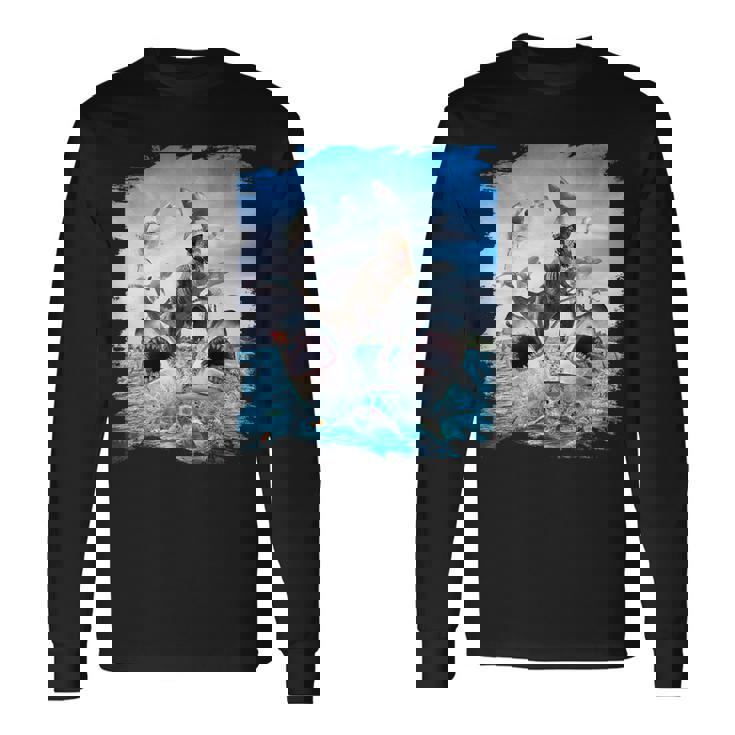 恐竜乗馬サメ ビーチオーシャンサメ サングラス 面白い 長袖Tシャツ