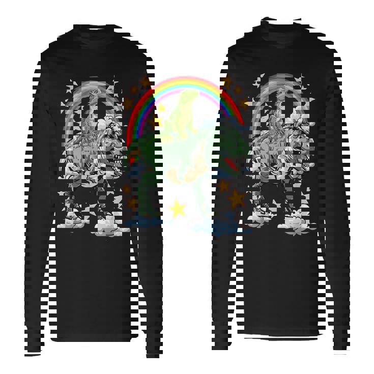 恐竜恐竜に乗る緑のイグアナ 長袖Tシャツ