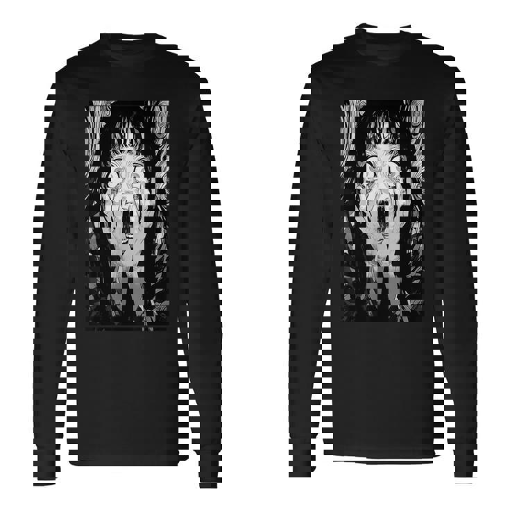 悲鳴 漫画 少女 怖い 目 ホラー ハロウィン 恐ろしい 長袖Tシャツ