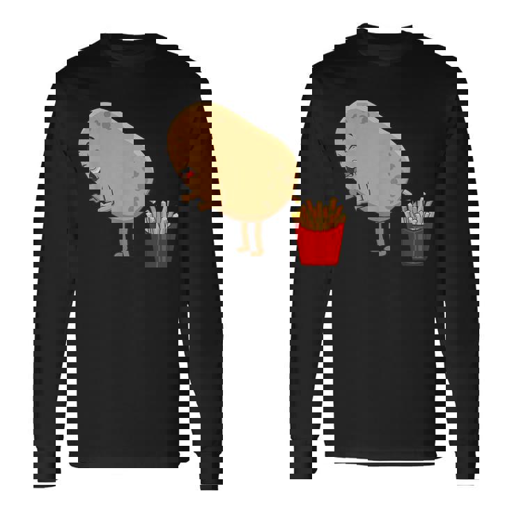 愉快なフライドポテト食べ物デザイン 男女兼用 長袖Tシャツ