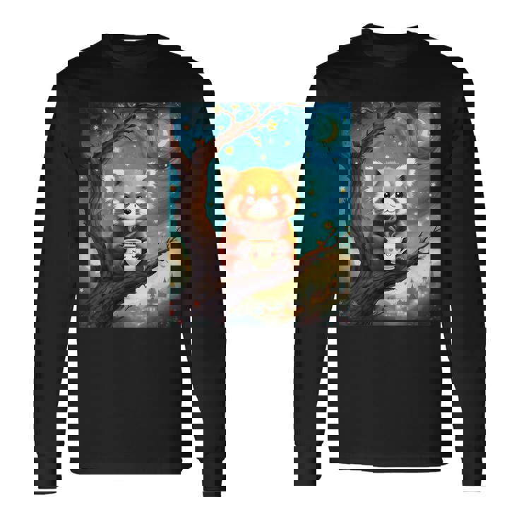 愛らしいレッサーパンダとティーカップの星月夜イラスト 長袖Tシャツ