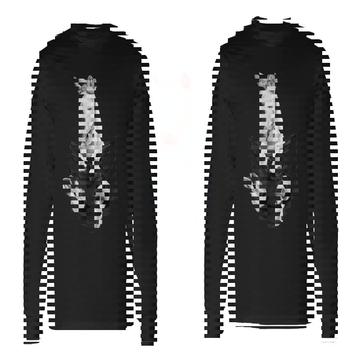 愛らしい白い馬のポケット 長袖Tシャツ