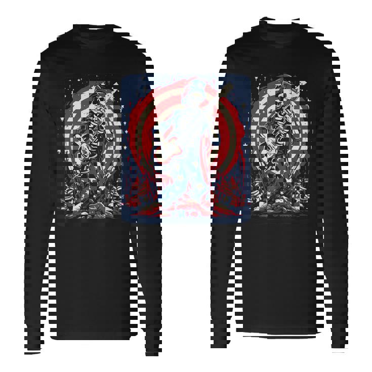 愛国的なスケルトン ロックンロールミュージック アメリカンスタイル 長袖Tシャツ ギフトのアイデア