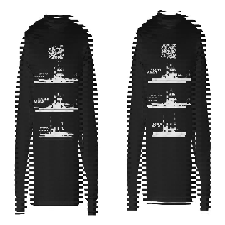 戦艦【大和 武蔵 三笠】軍艦 シルエット 日本 大日本帝国 海軍 帝国海軍 船 面白い ネタ 文字入り ウケ狙い 長袖Tシャツ