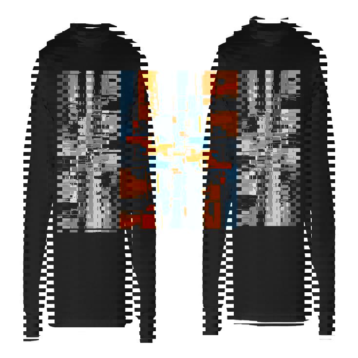 抽象幾何アート オレンジ青 モダン Abstract Geometric Composition 長袖Tシャツ