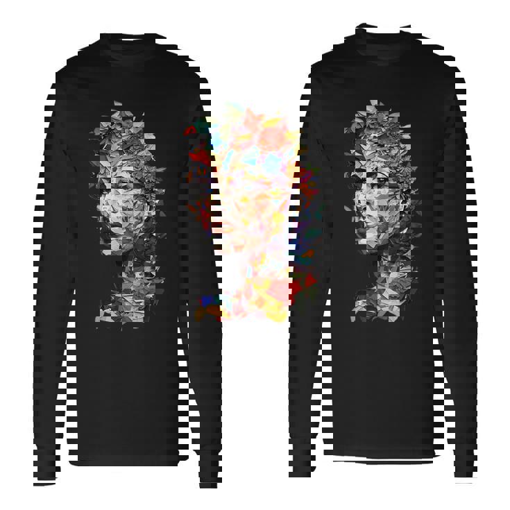 抽象的 カラフルである 花 女 芸術 顔 長袖Tシャツ