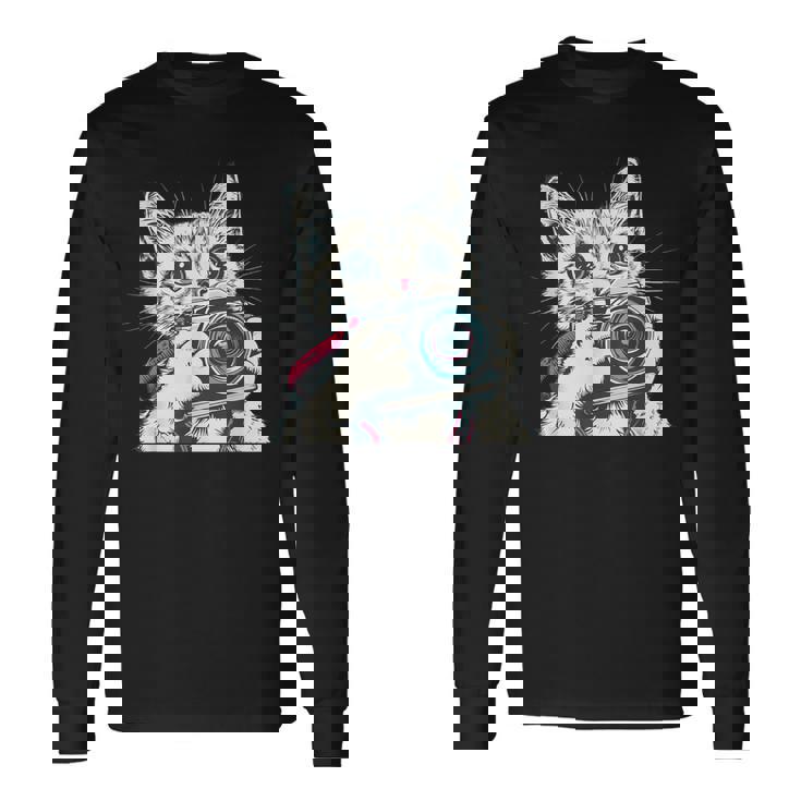 旅行や写真を撮るのに最適なカメラ猫。 長袖Tシャツ