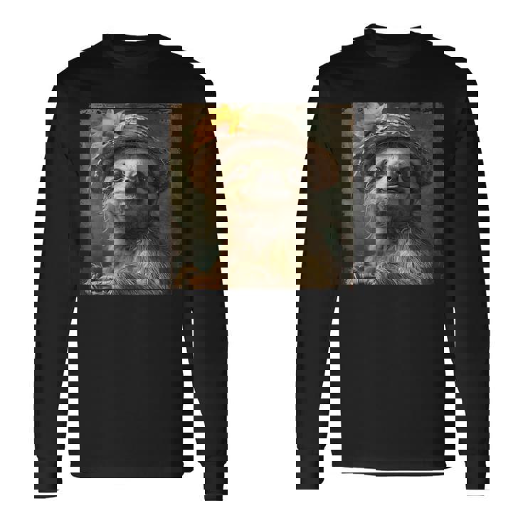 日よけ帽子をかぶったかわいいナマケモノ、面白いナマケモノ 長袖Tシャツ