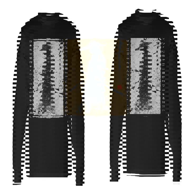 日本 武士 武士 戦闘機 浮世 墨絵 侍 長袖Tシャツ