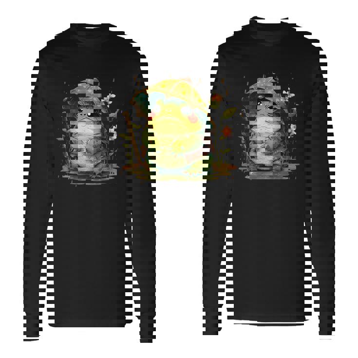 日本のかわいいコテージコアフロッグ 不機嫌な日本のカエル 長袖Tシャツ