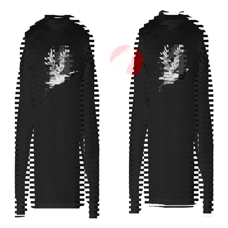 日本のアートフライングクレーンバード 長袖Tシャツ