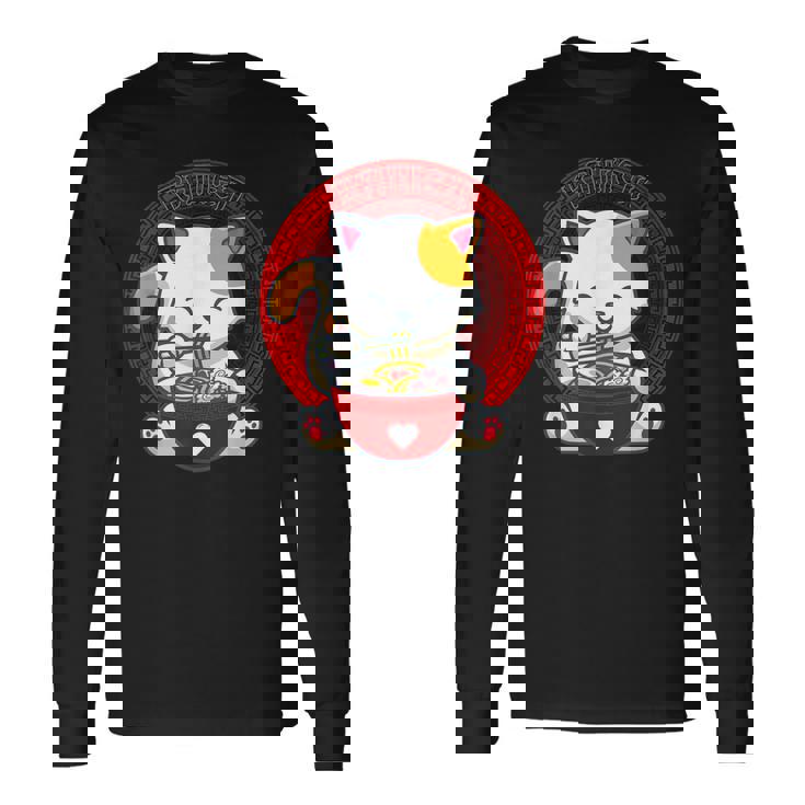 日本のカワイイ アニメ 猫 麺丼 猫 ラーメンを食べる 長袖Tシャツ ギフトのアイデア