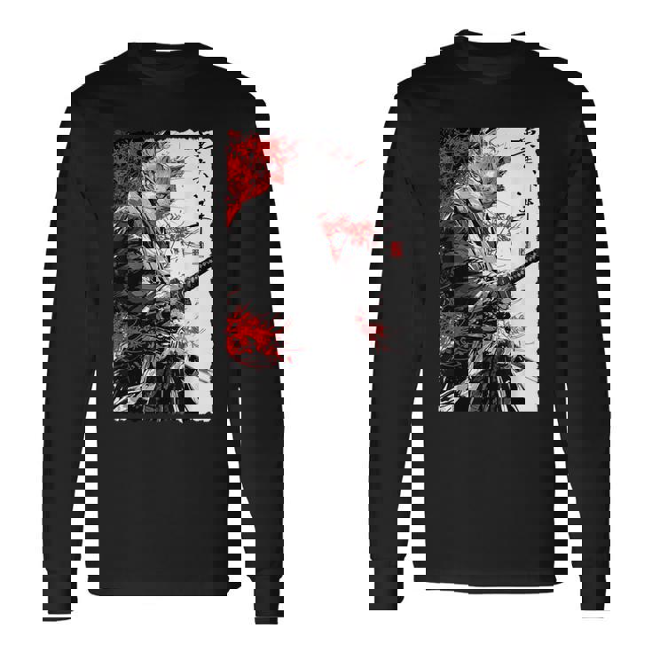 日本のクモユリ 侍 猫 グランジ 浮世絵 アニメアート 長袖Tシャツ