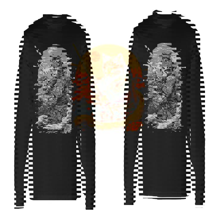 日本のサムライキャットプリント 長袖Tシャツ