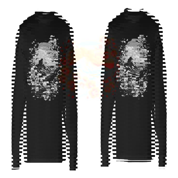 日本の桜 ピンク 桜 富士山 自然 アート 長袖Tシャツ