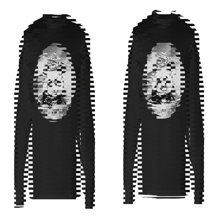 日本の温泉 パンダ 面白い 水墨画 温泉旅行 入浴 銭湯 お風呂 バスタイム 動物 和風 長袖Tシャツ