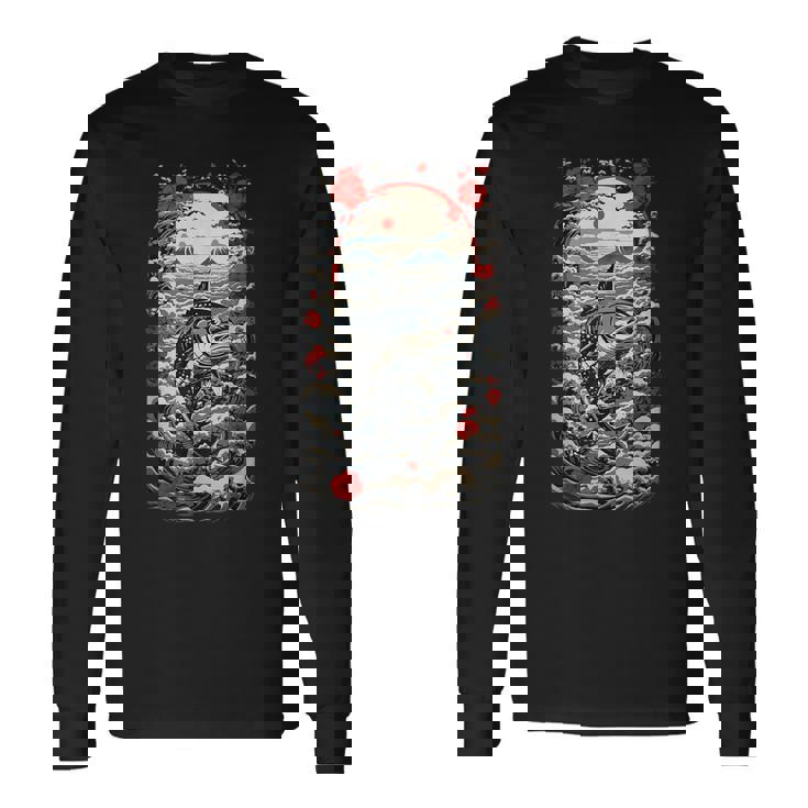 日本の美的マグロ漁師デザイン レトロ浮世絵 長袖Tシャツ