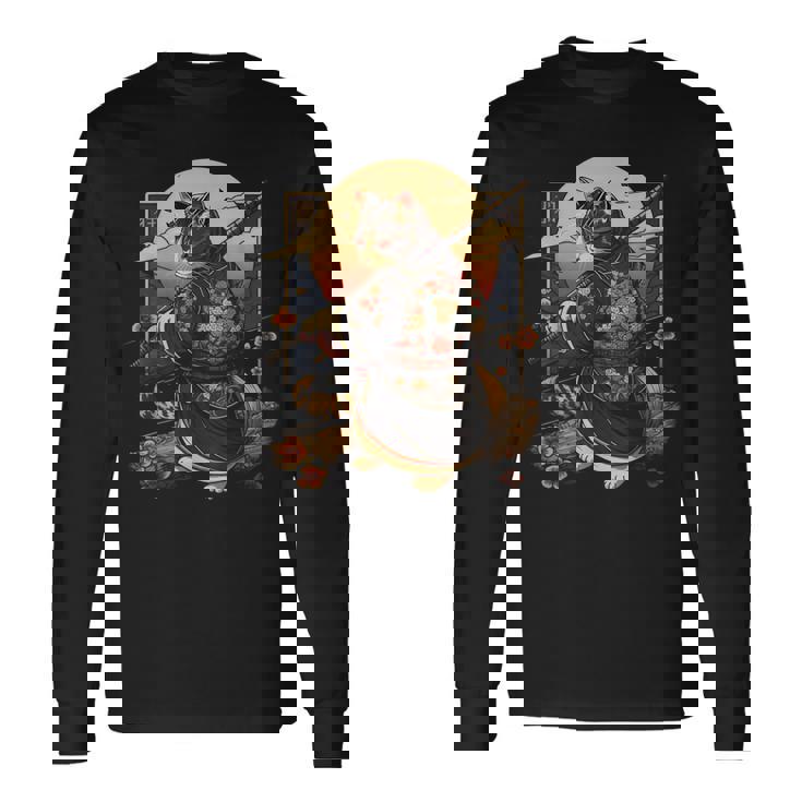 日本の芸術 猫 忍者 浮世絵 アニメスタイル サムライキャット 長袖Tシャツ