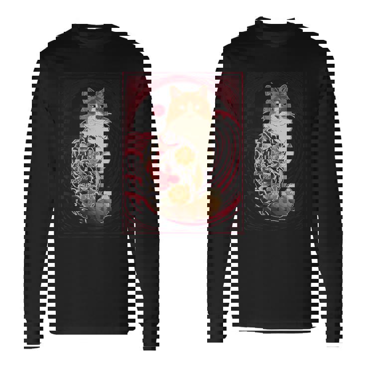 日本の鯉タトゥー猫アート美的ヴィンテージライジングサン 長袖Tシャツ