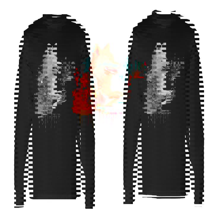 日本スピッツ 犬 モチーフ ペット 幾何学 日本スピッツ 長袖Tシャツ