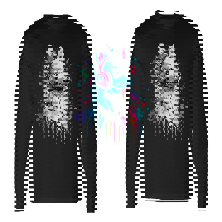 日本スピッツ好き ヘッドフォン装着 おもしろい 日本スピッツ 長袖Tシャツ