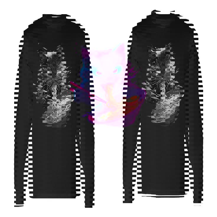 日本美術 ラーメン 猫 忍者 シンセウェーブ スタイル サムライキャット 長袖Tシャツ ギフトのアイデア