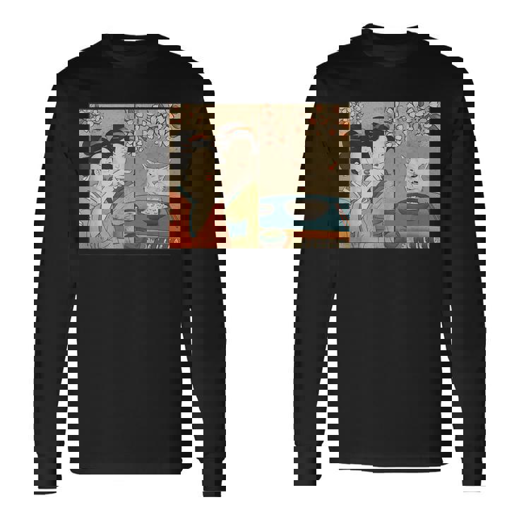 日本美術 桜猫と寿司 長袖Tシャツ