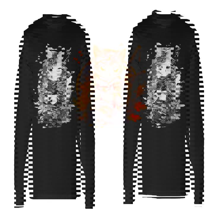 日本美術 猫 忍者 浮世絵 アニメ風 侍猫 長袖Tシャツ