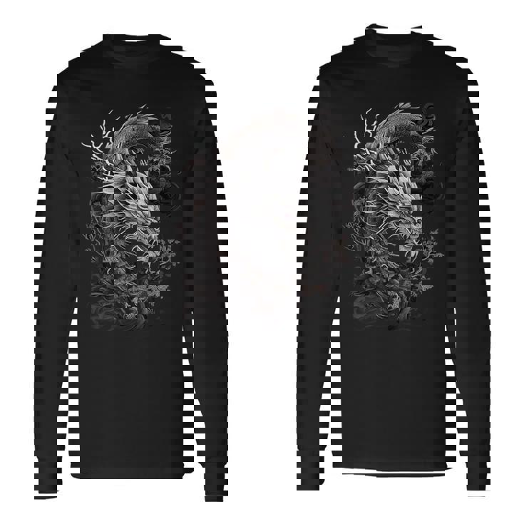 日本龍 タトゥー描画 伝統的な日本のグラフィックtシャツ 長袖Tシャツ