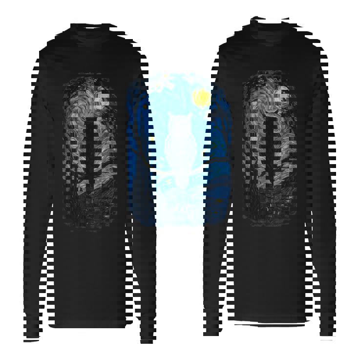 星月フクロウの夜のアートワーク 長袖Tシャツ