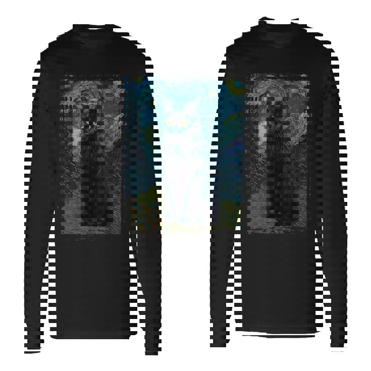 星月夜 ヴィンセント・ヴァン・ゴッホ 黒猫 レトロ絵画 猫 長袖Tシャツ