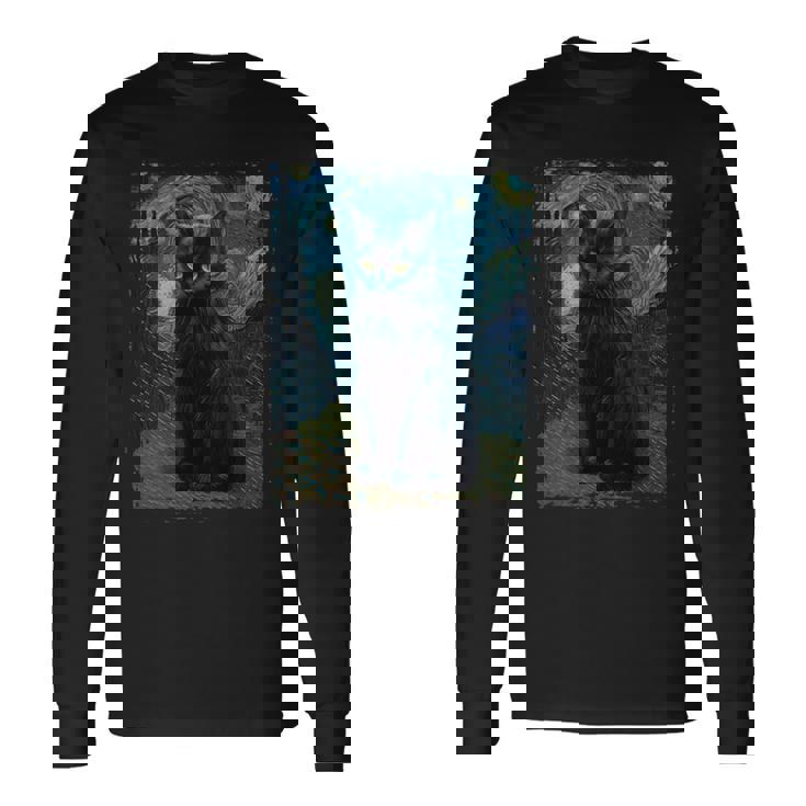 星月夜 ヴィンセント・ヴァン・ゴッホ 黒猫 レトロ絵画 猫 長袖tシャツ 長袖Tシャツ