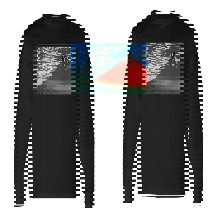 晴天の赤富士山 日本風景アートプリント 長袖Tシャツ