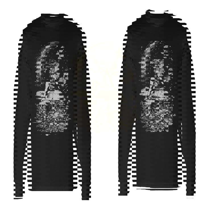 月と星の下のキノコに座る妖精 長袖Tシャツ