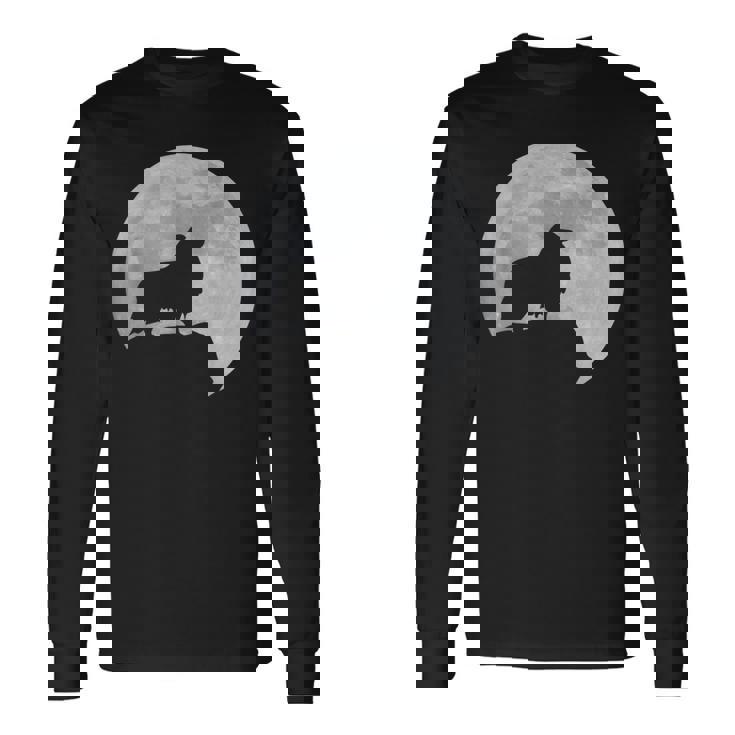 月と犬のシルエット シェルティーシェットランドシープドッグ 長袖Tシャツ