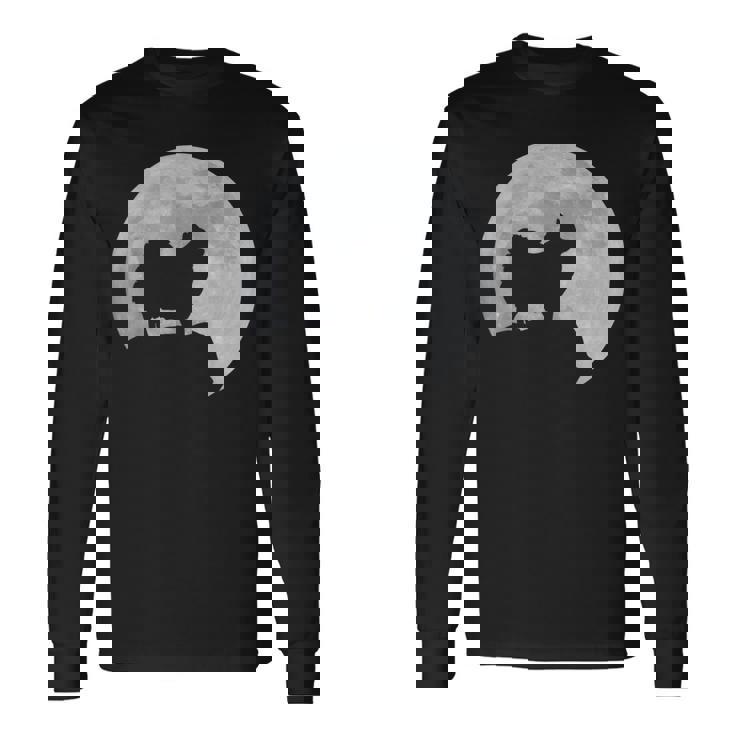 月と犬のシルエット ポンポメラニアン 長袖Tシャツ