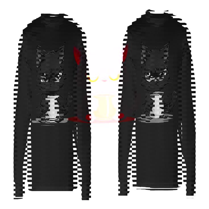 朝が嫌いなコーヒーと可愛い黒猫 長袖Tシャツ